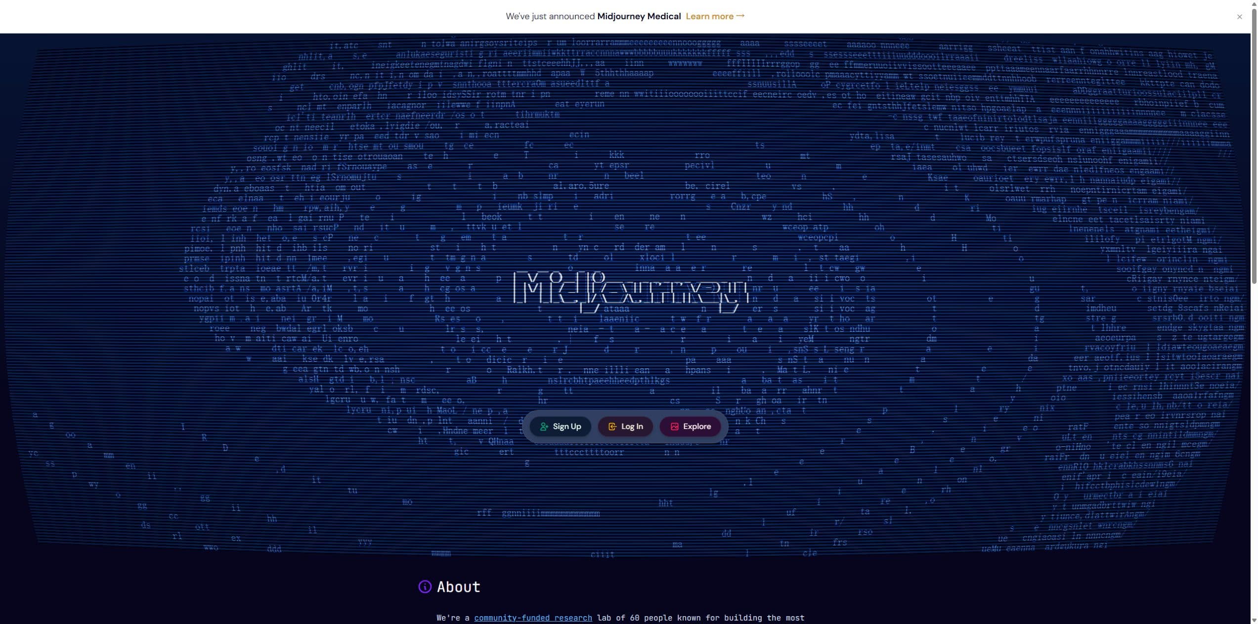 Midjourney public homepage with navigation to sign up, log in, and explore