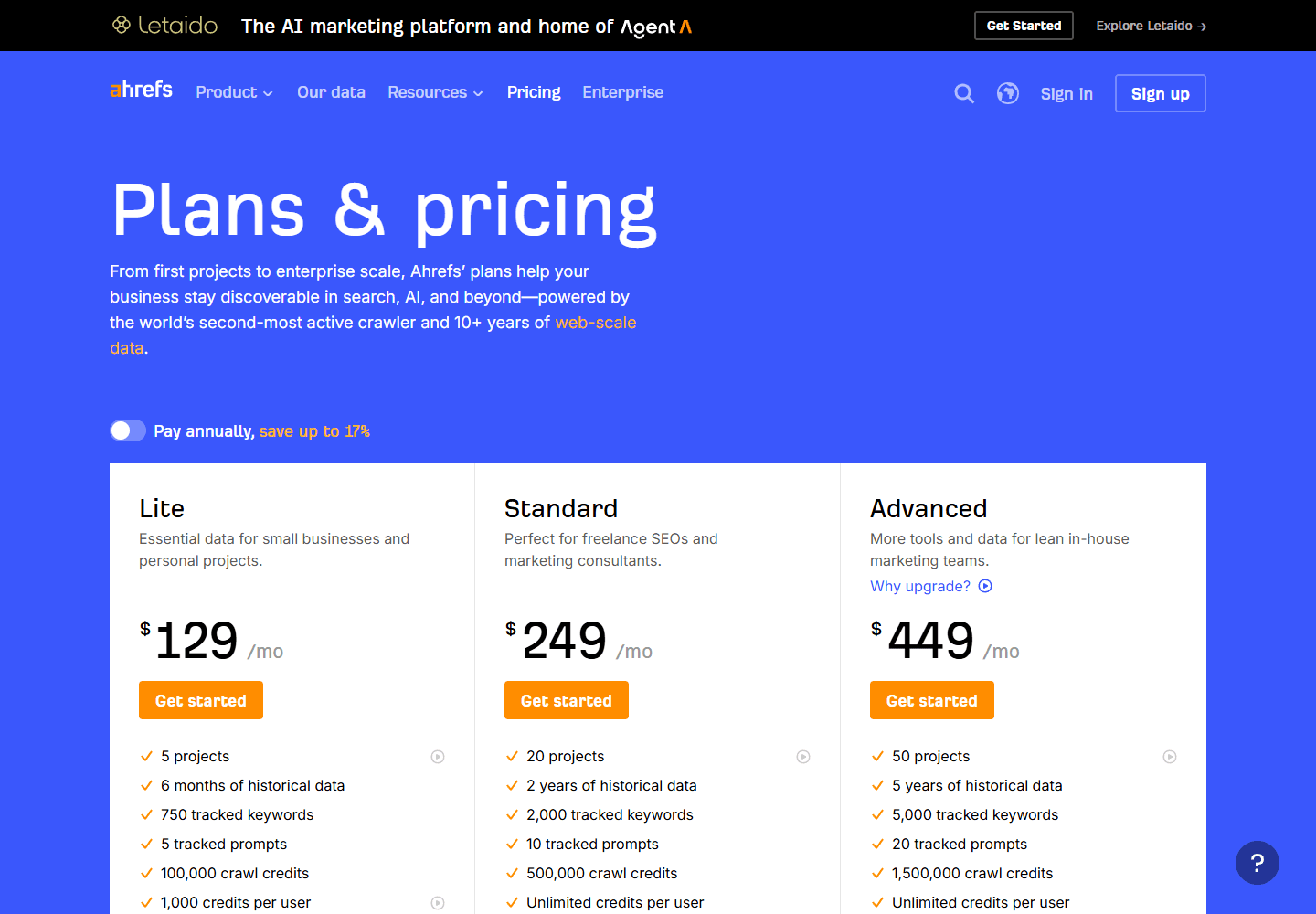 Ahrefs official pricing page showing Lite, Standard, and Advanced plans.