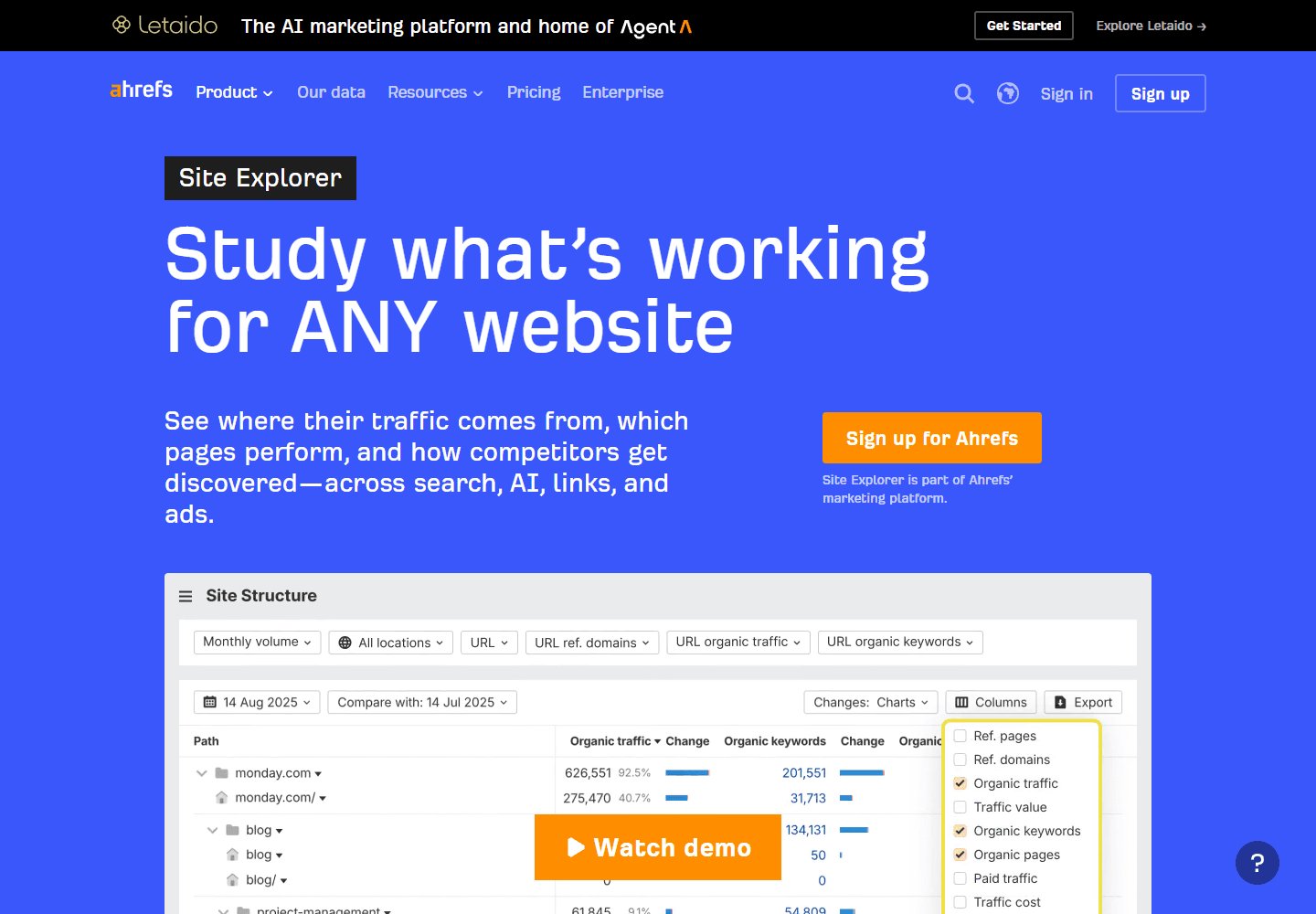 Ahrefs Site Explorer official page showing competitor research positioning.