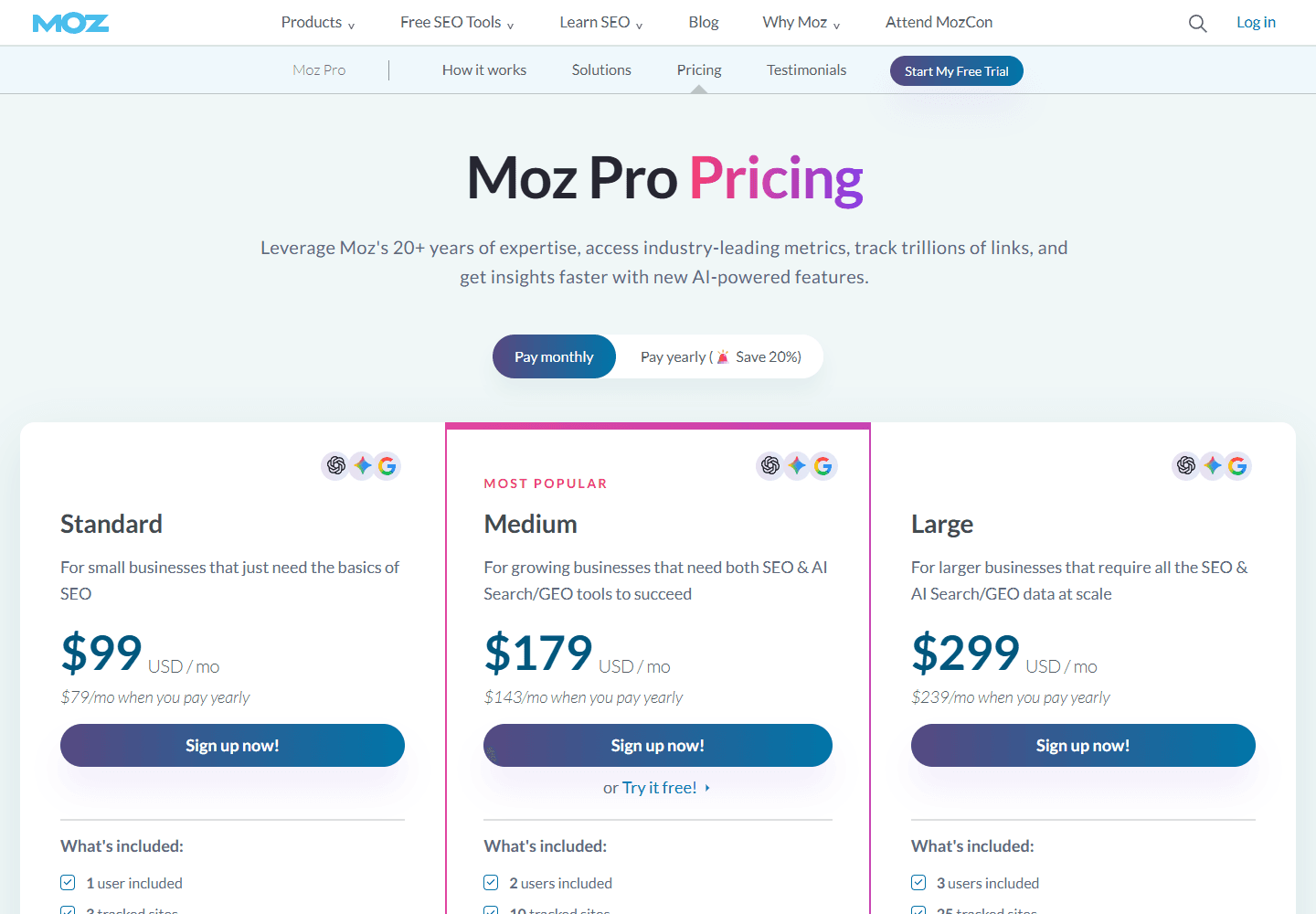 Moz Pro official pricing page showing Standard, Medium, and Large plans.