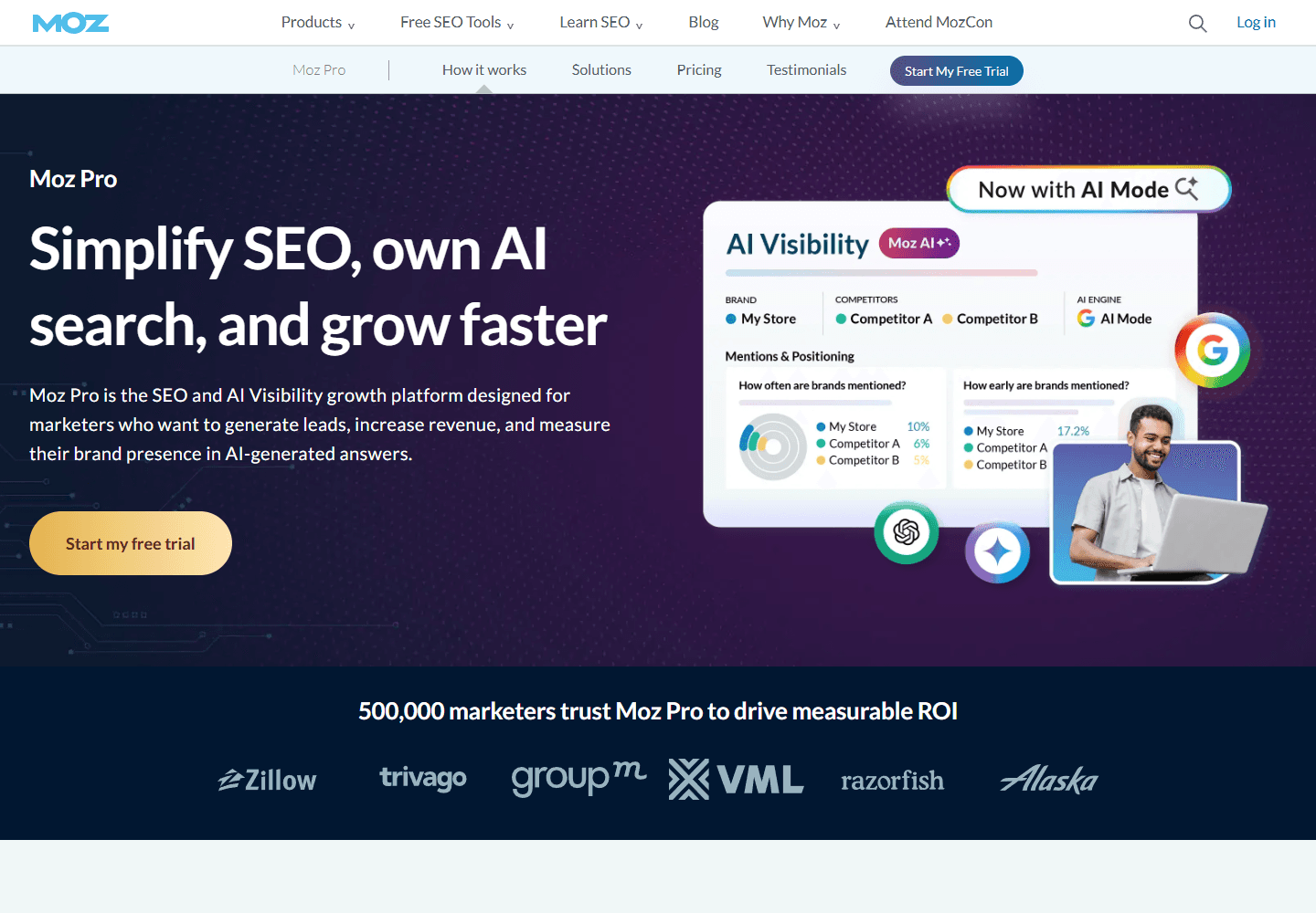 Moz Pro official page showing SEO and AI search positioning.