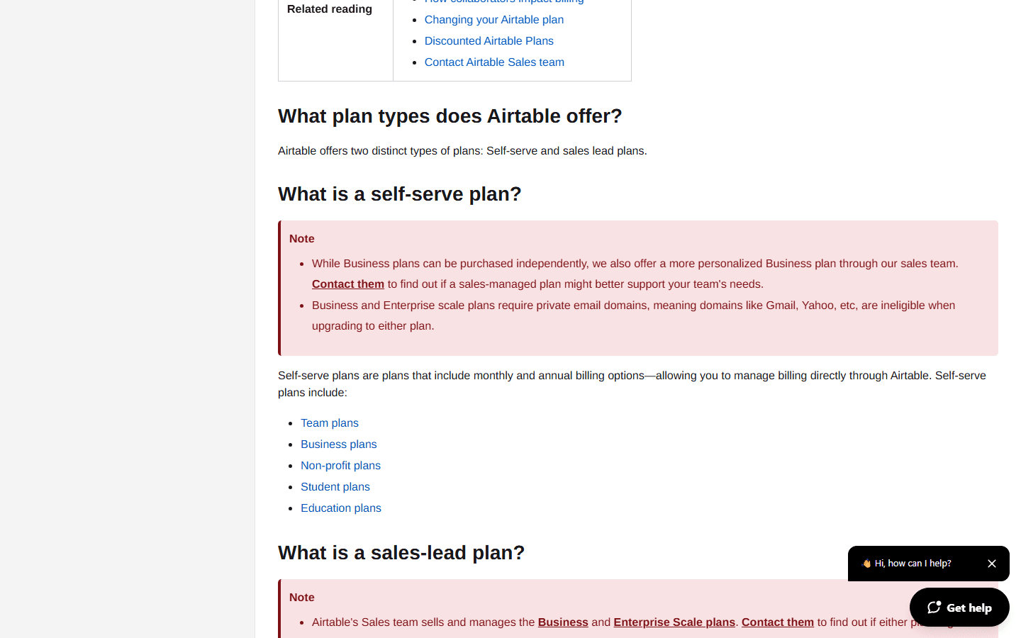 Airtable official plans documentation showing plan limits and billing notes.