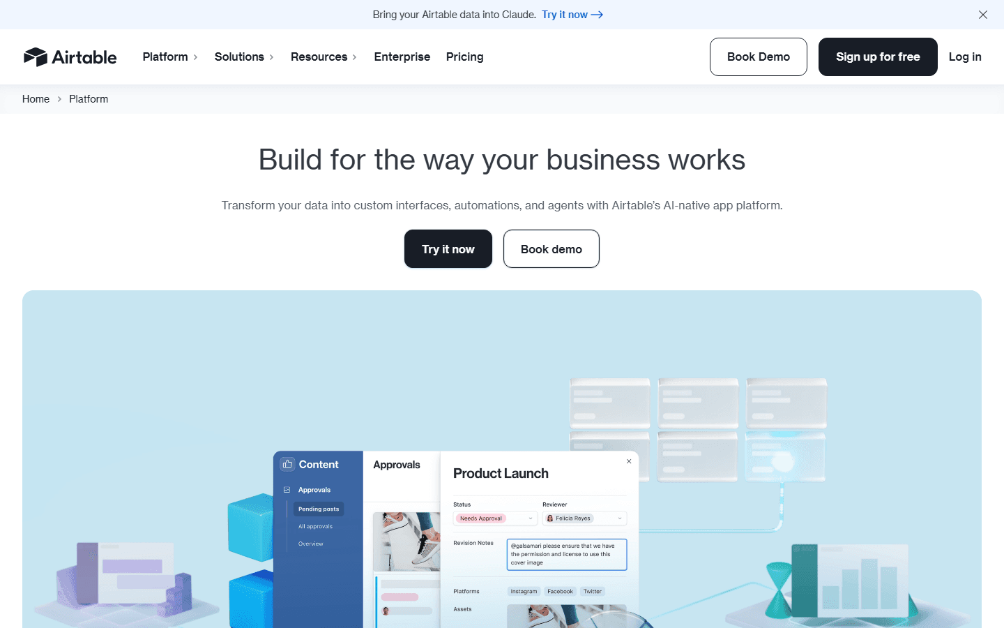 Airtable official platform page describing custom interfaces, automations, agents, and shared data.