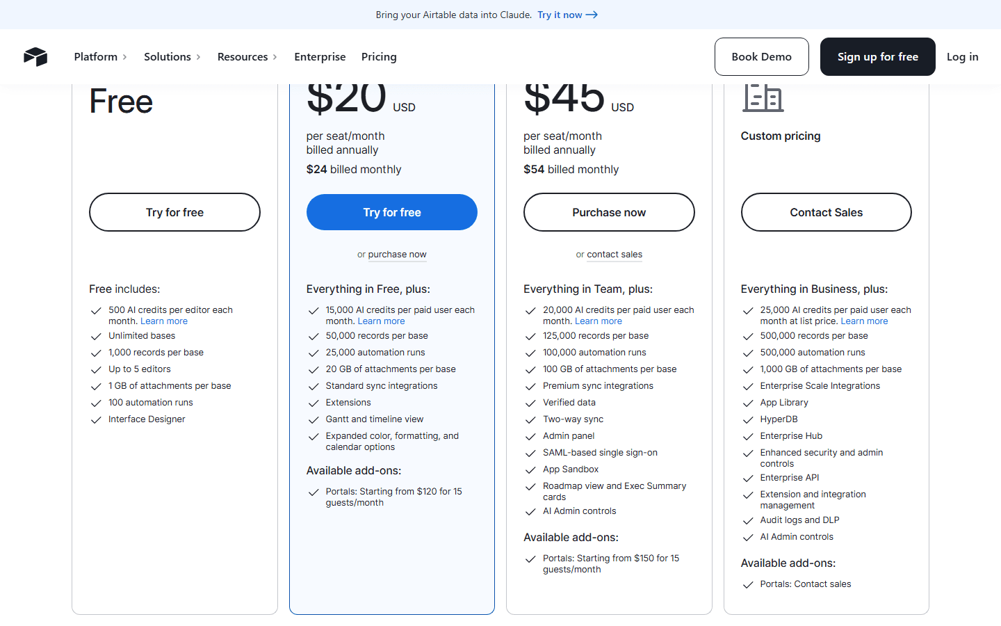Airtable official pricing page showing Free, Team, Business, and Enterprise Scale plans.