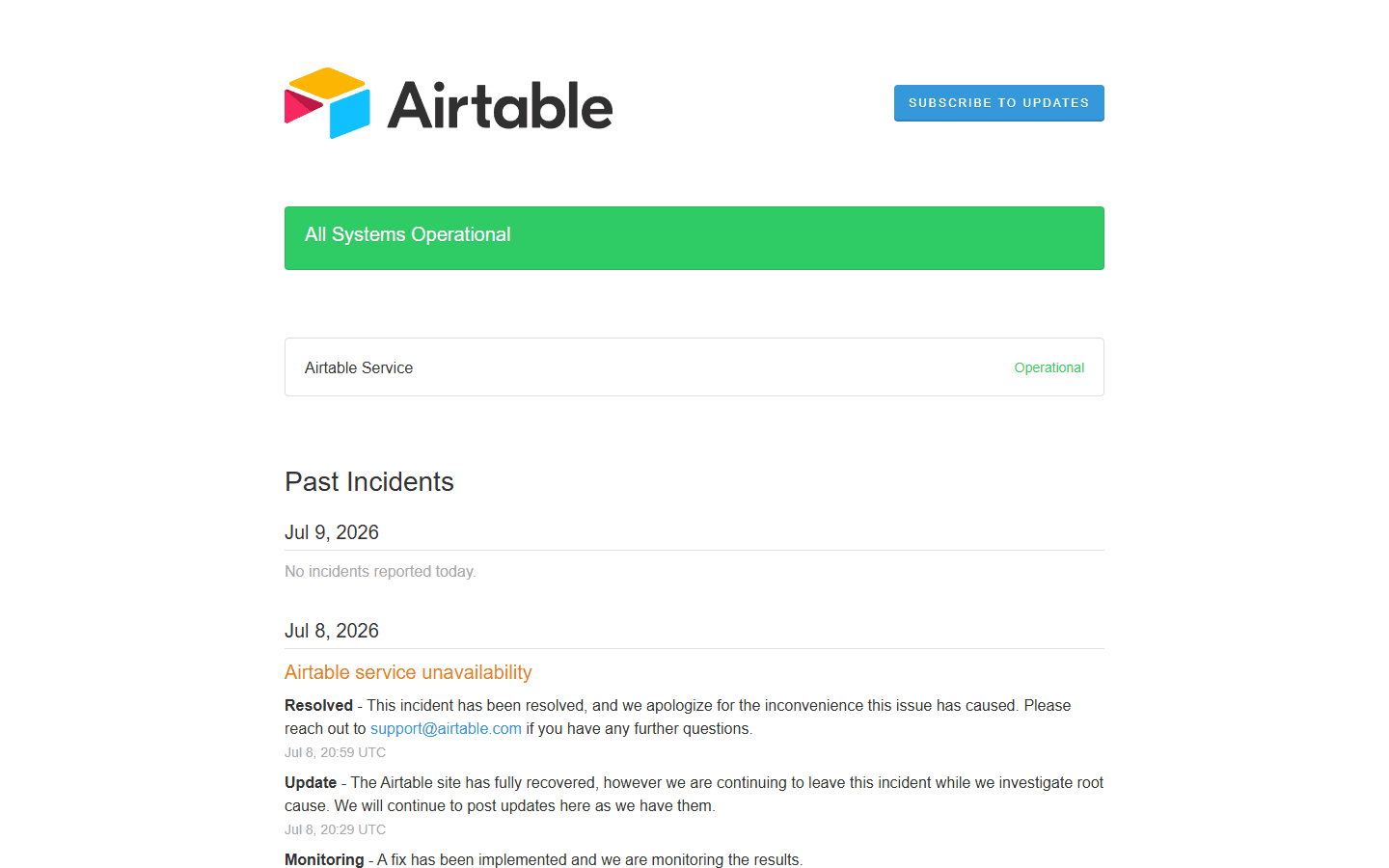 Airtable official status page showing current system health and recent incidents.