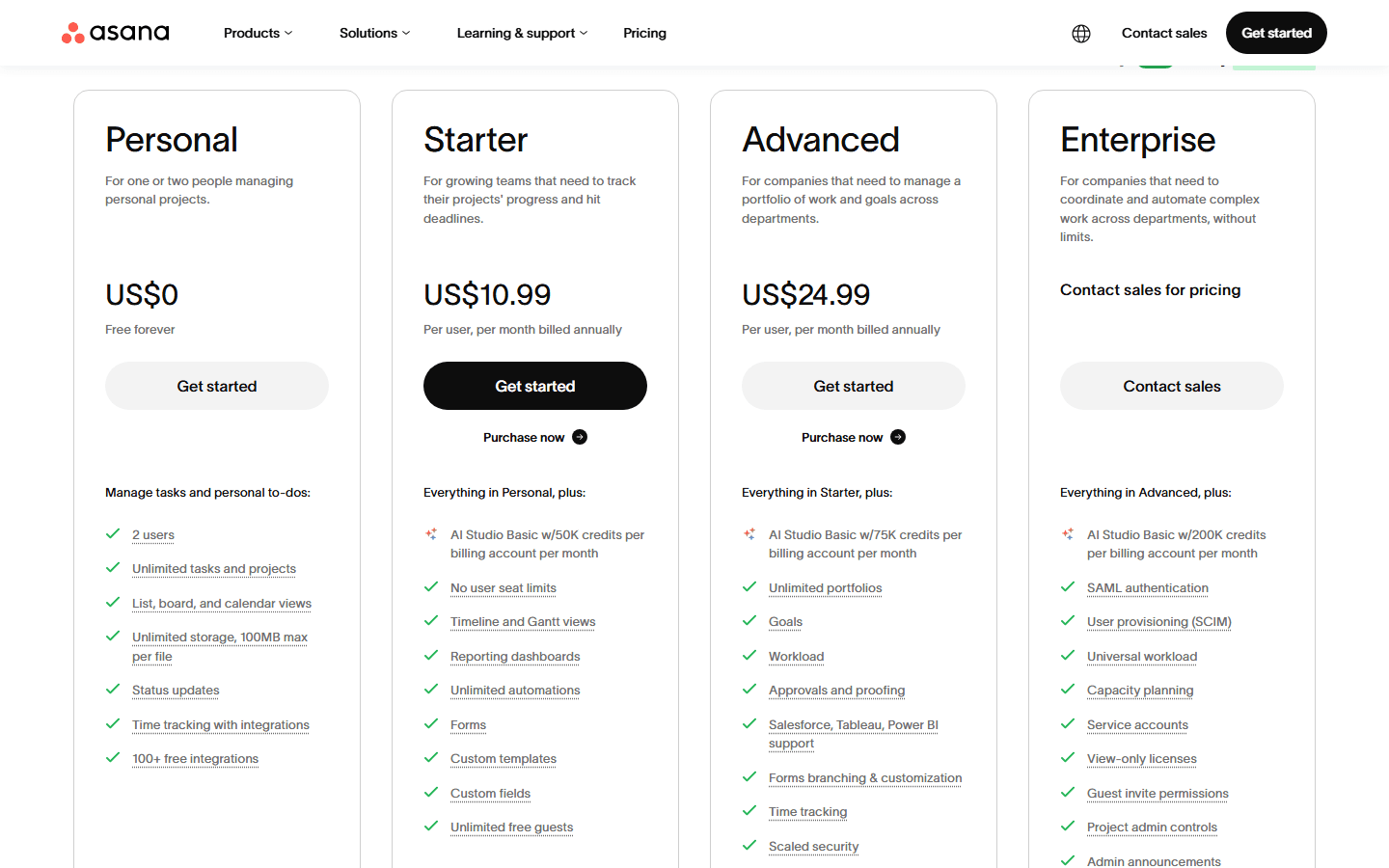 Asana official pricing page showing Personal, Starter, Advanced, and Enterprise plans.