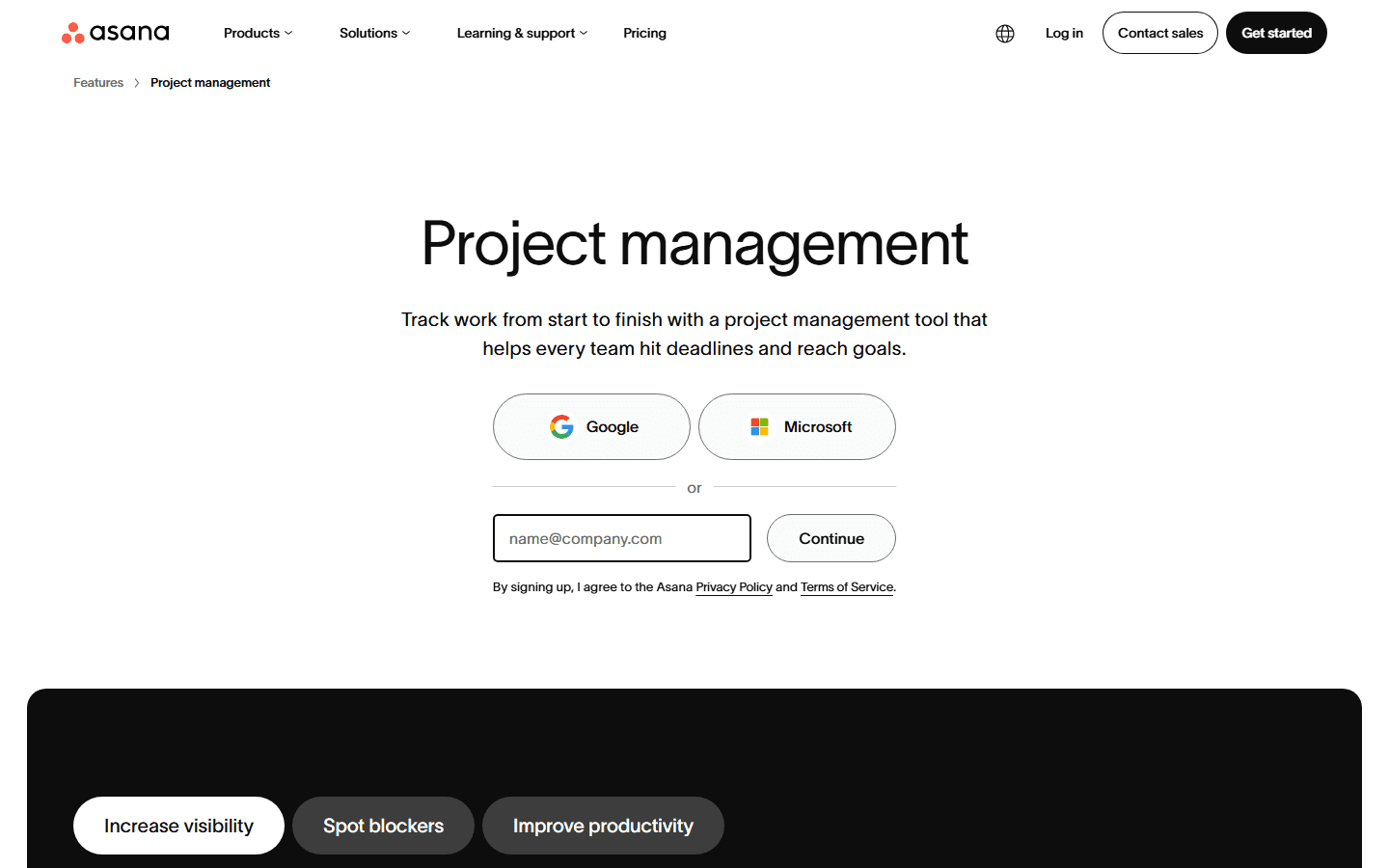 Asana official project management page describing project views and status updates.