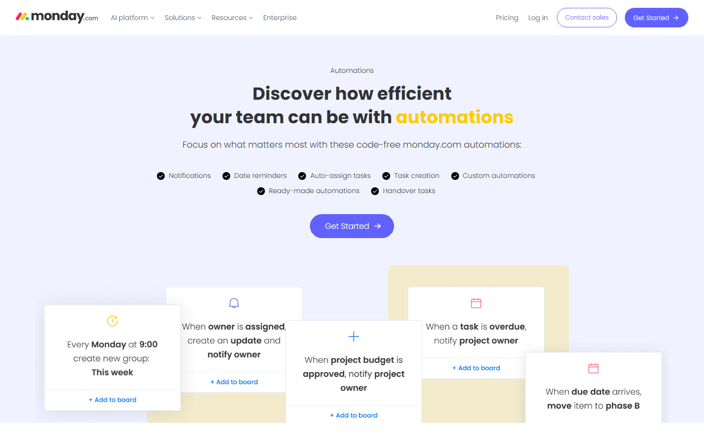 monday.com official automations page describing code-free automation options.