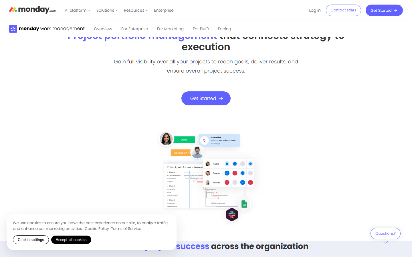 monday.com official PMO work management page describing portfolio visibility and dashboards.