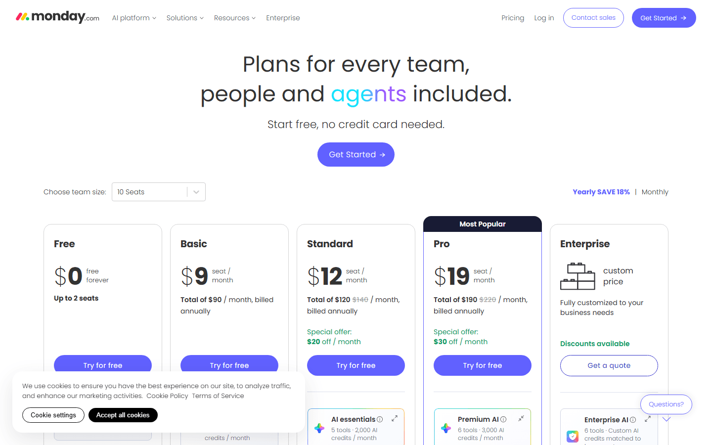 monday.com official pricing page showing Free, Basic, Standard, Pro, and Enterprise plans.