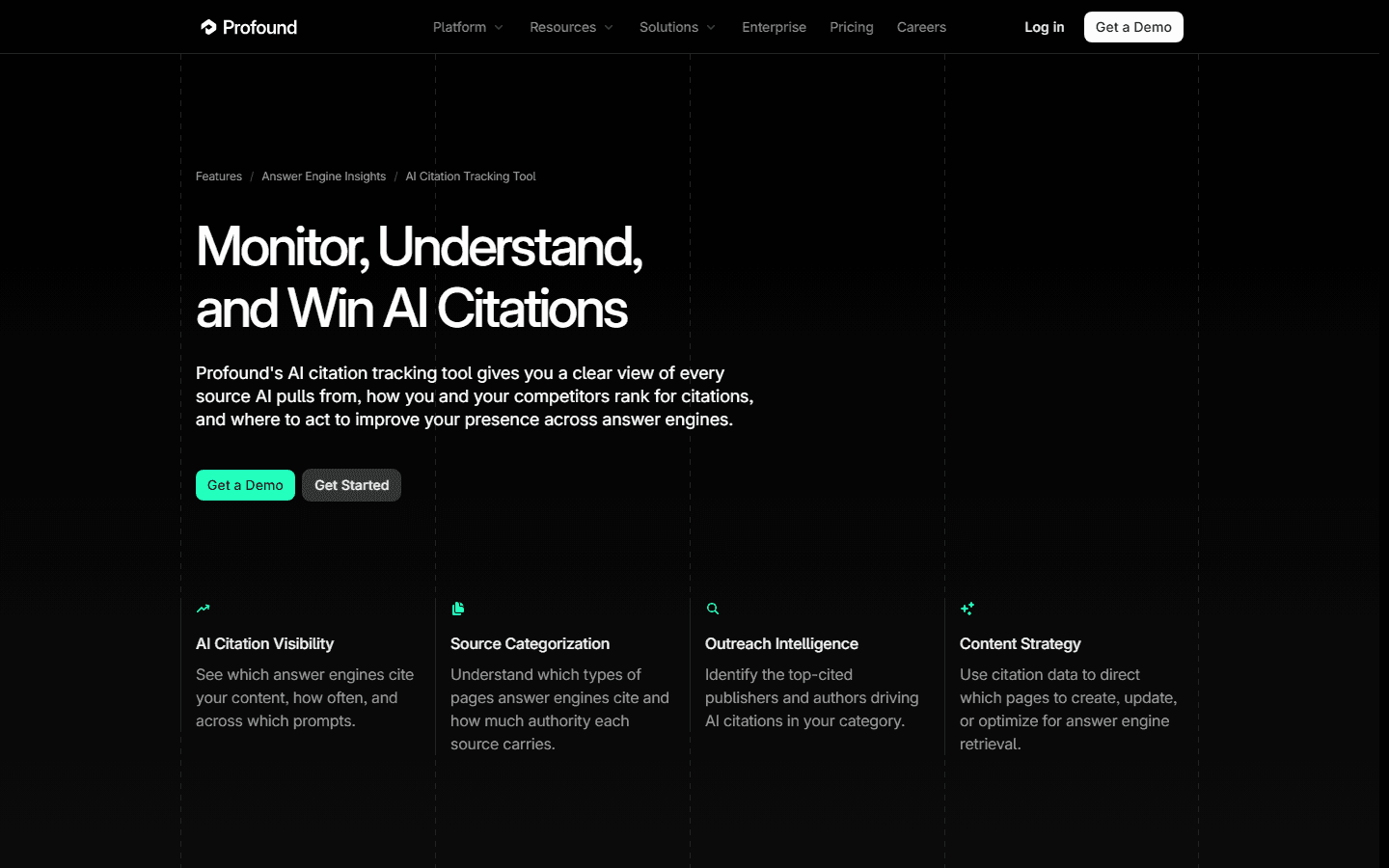 Profound English AI citation tracking page describing source visibility, categorization, outreach, and content strategy.