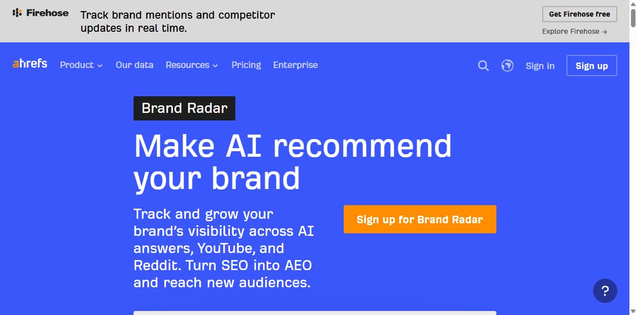 Ahrefs English Brand Radar page for monitoring brand visibility across AI answers and the wider web.