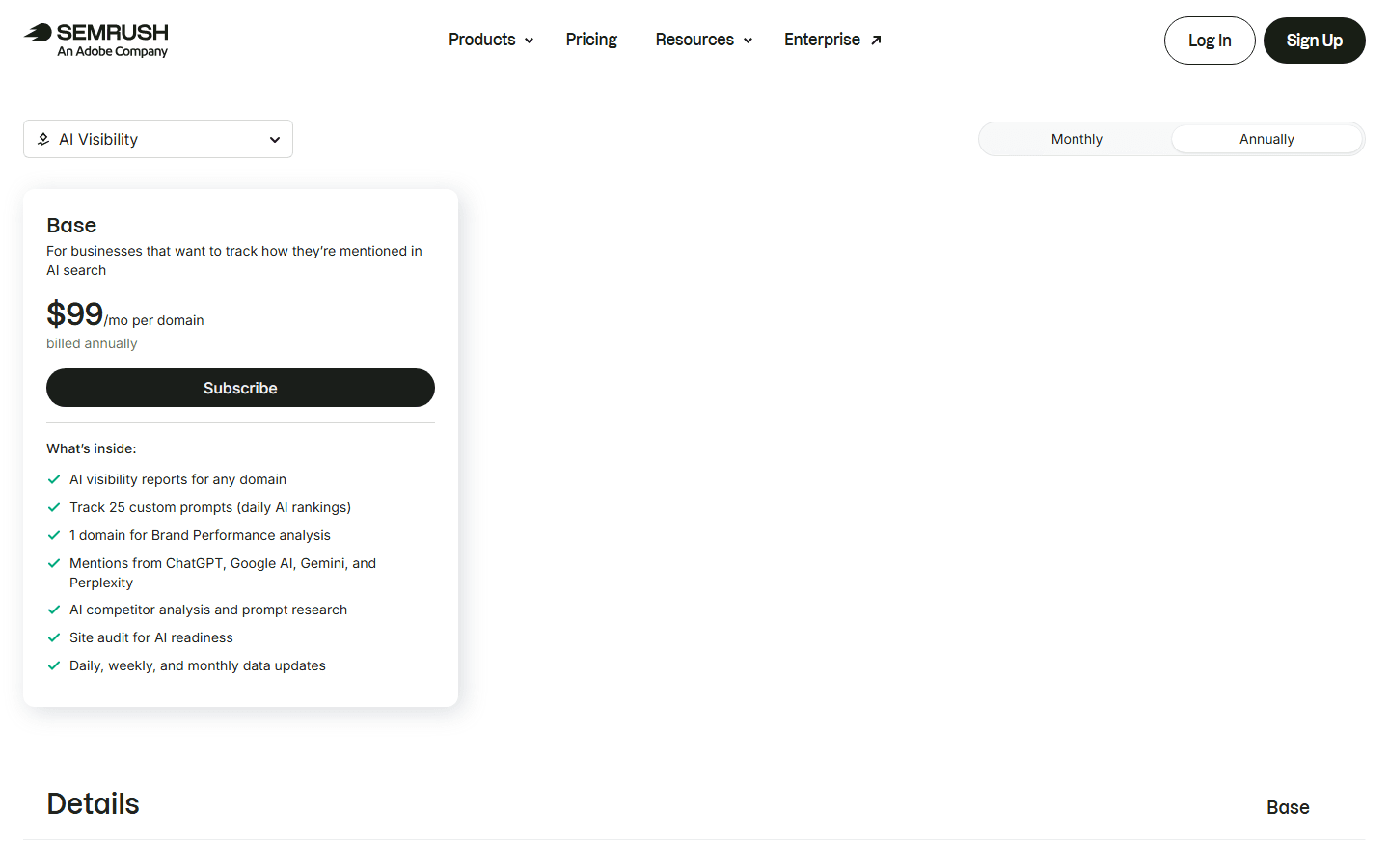 Semrush English AI Visibility pricing page showing the Base plan and tracked prompt allowance.