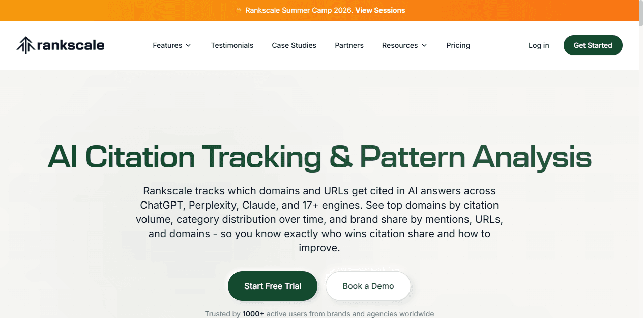 Rankscale English AI citation tracking page describing URL, domain, category, and citation-share analysis.