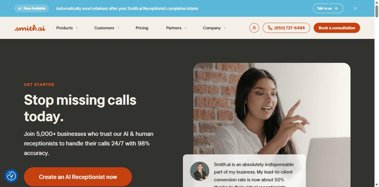 Smith.ai English page describing its AI and human receptionist service.