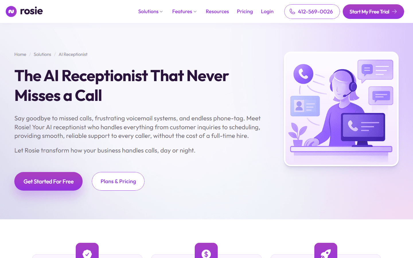 Rosie English AI receptionist page explaining scheduling and call handling.