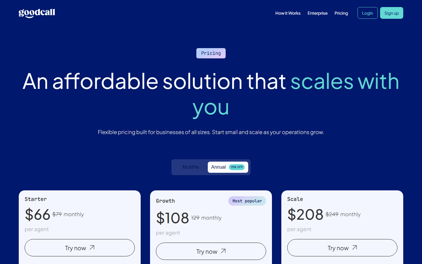 Goodcall English pricing page showing annual AI phone agent plans.