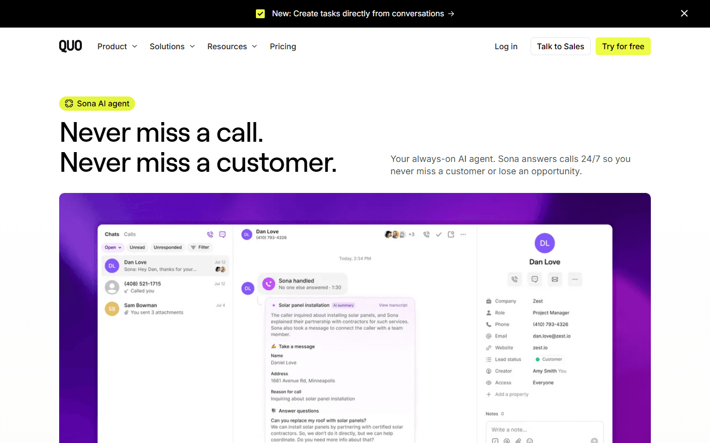 Quo English Sona page showing an AI call summary in the phone workspace.