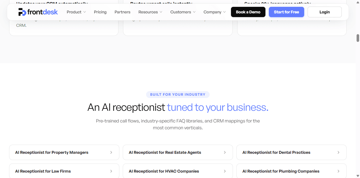 Frontdesk English page listing industry-specific AI receptionist call flows.