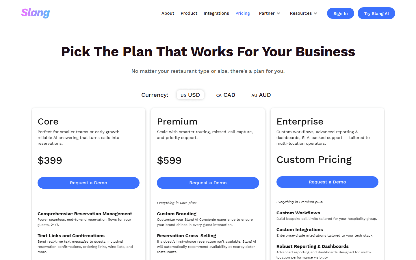 Slang AI English pricing page for restaurant phone automation plans.