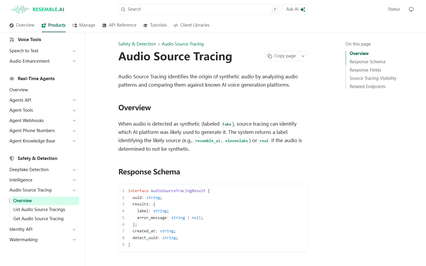 Resemble AI English documentation explaining synthetic audio source tracing and response fields.