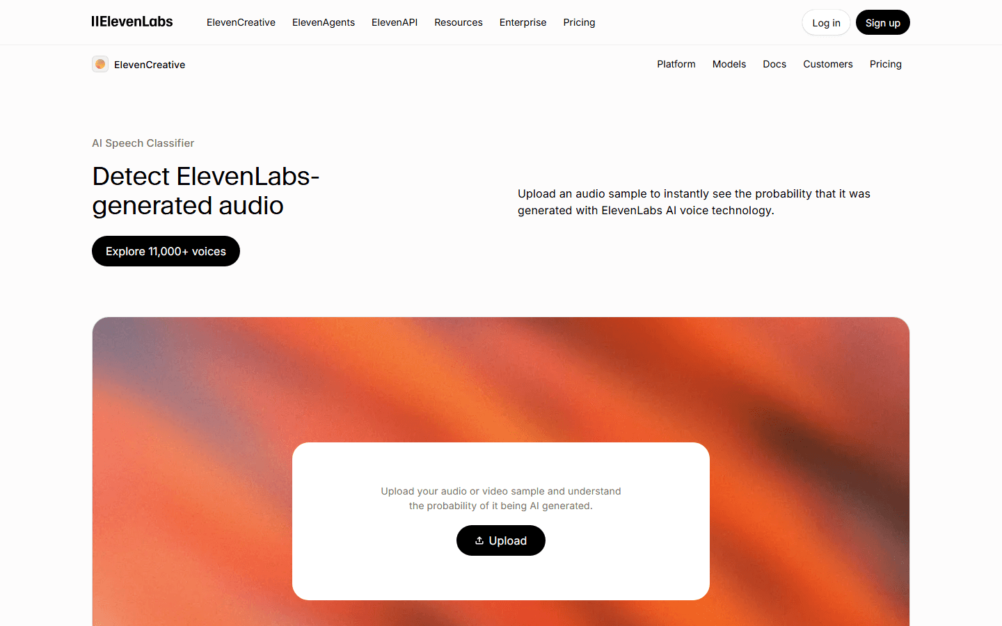 ElevenLabs English AI Speech Classifier page with an audio upload control.