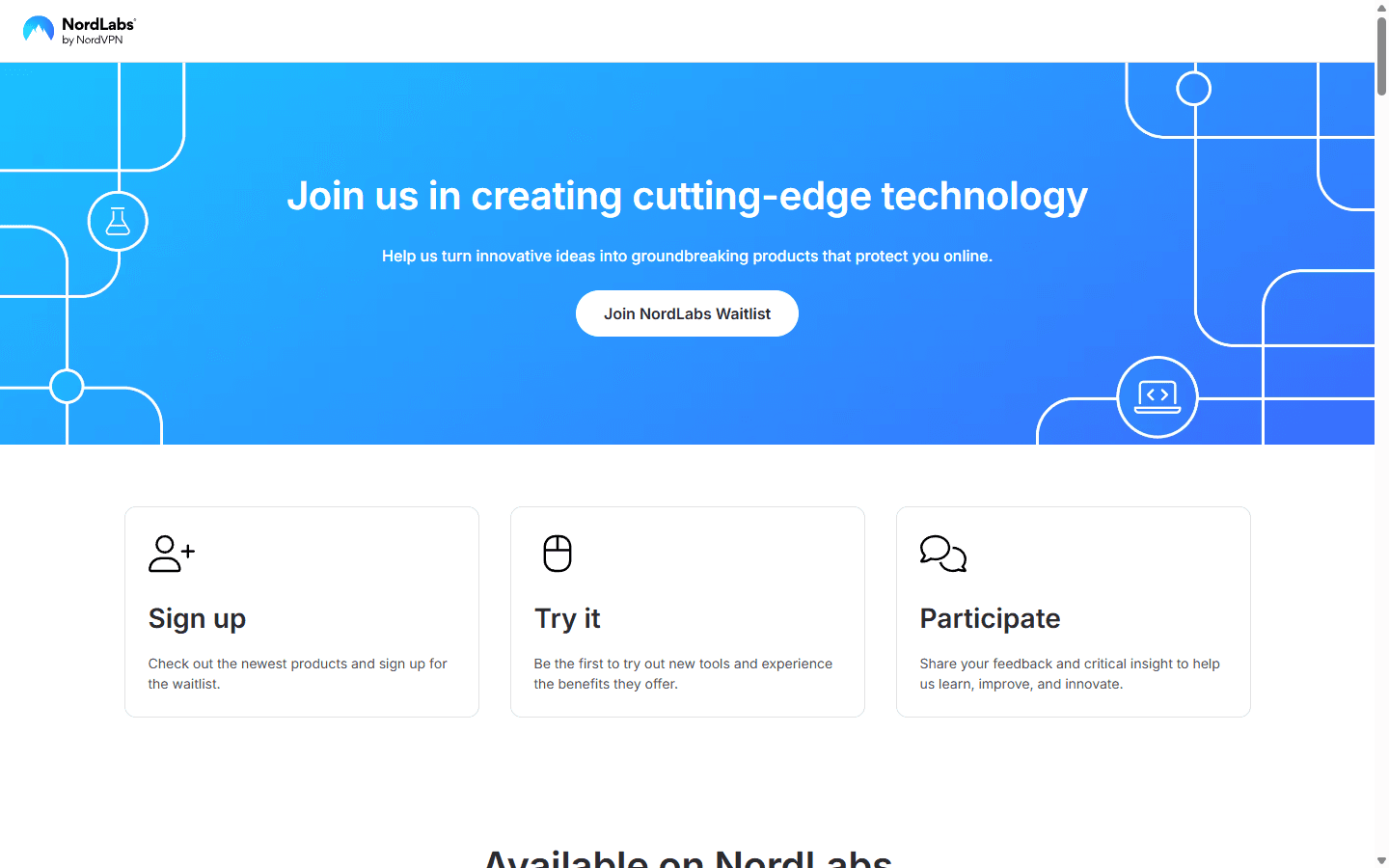 NordLabs English page where NordVPN publishes experimental privacy and security tools.