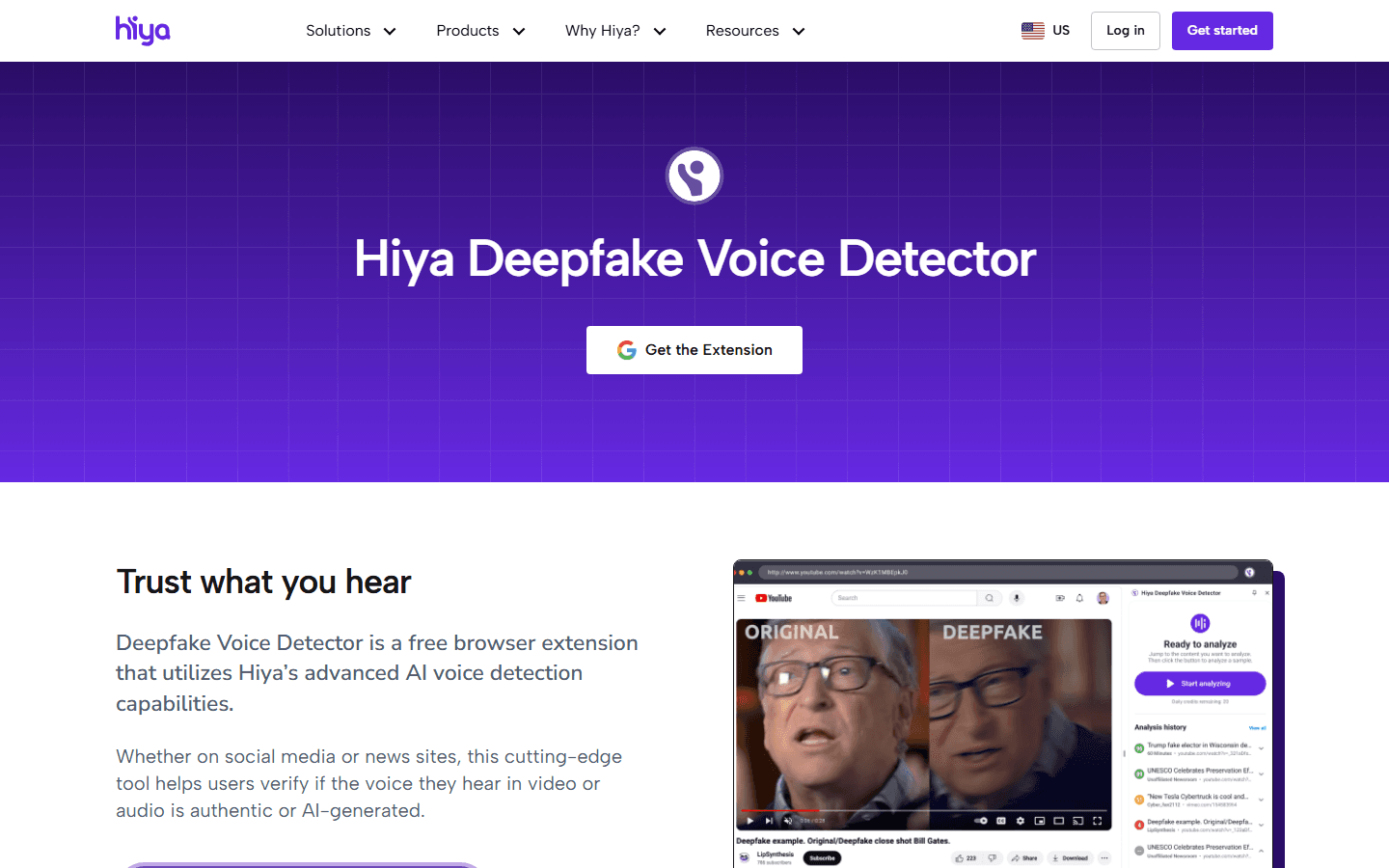 Hiya English Deepfake Voice Detector page showing its free Chrome extension.