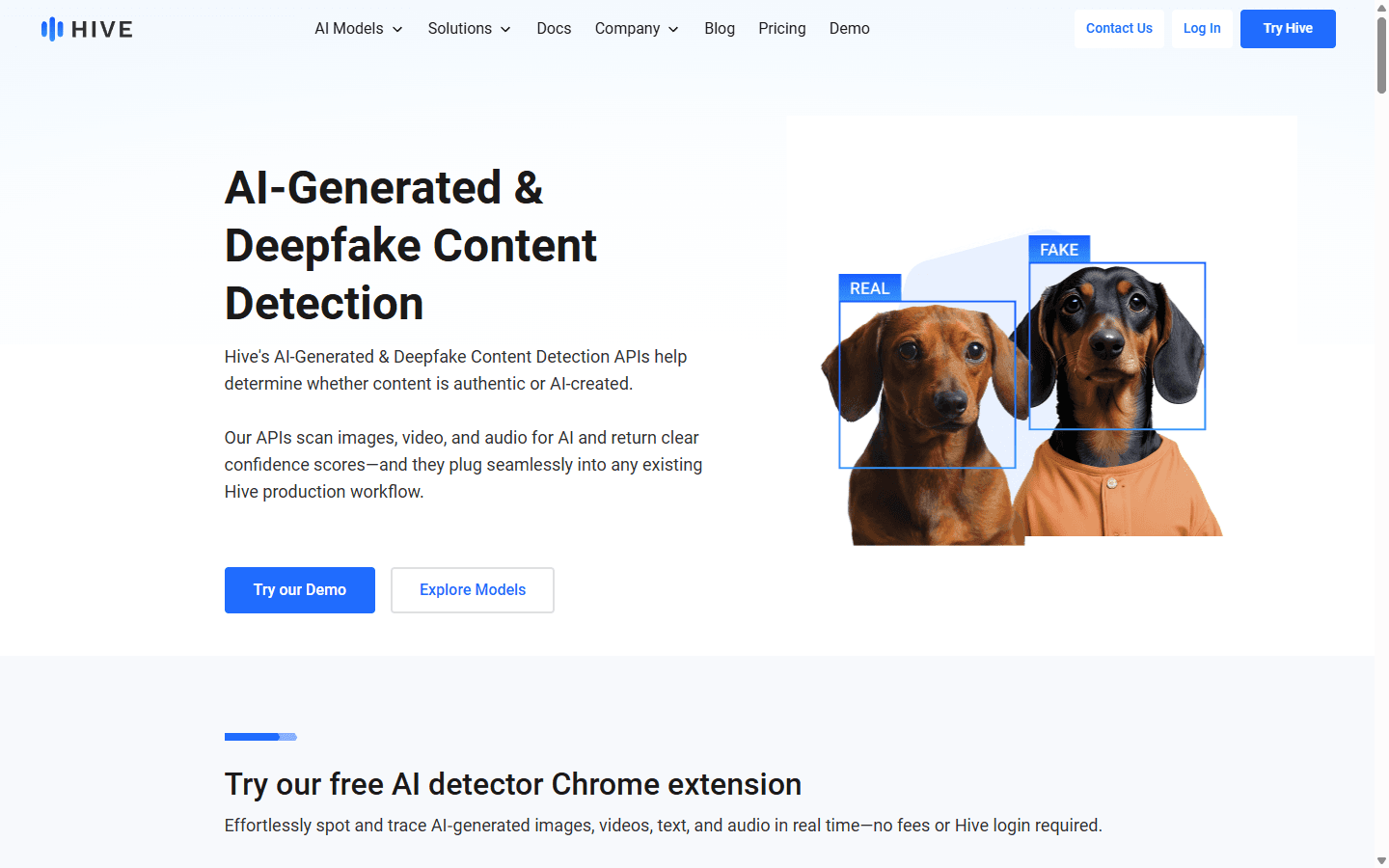 Hive English AI-generated and deepfake content detection page covering audio, video, and images.