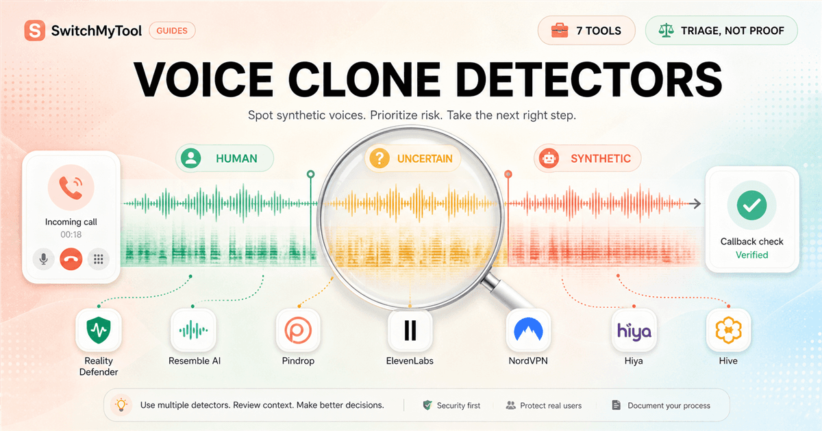 Pastel audio forensics timeline comparing seven voice clone detectors across human, uncertain, and synthetic signals.