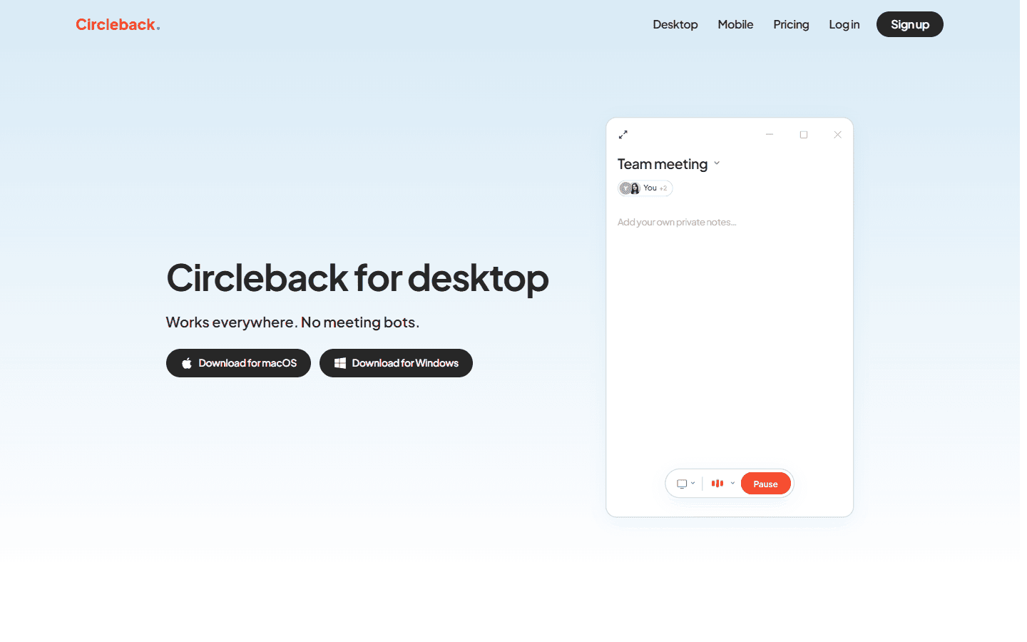 Circleback official English desktop page showing bot-free meeting notes for macOS and Windows.