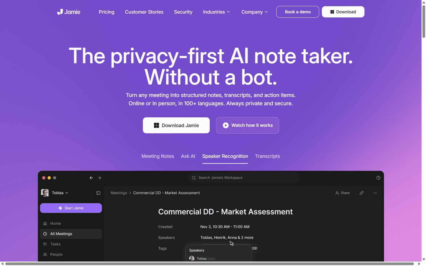Jamie official English homepage describing its privacy-first bot-free AI note taker.