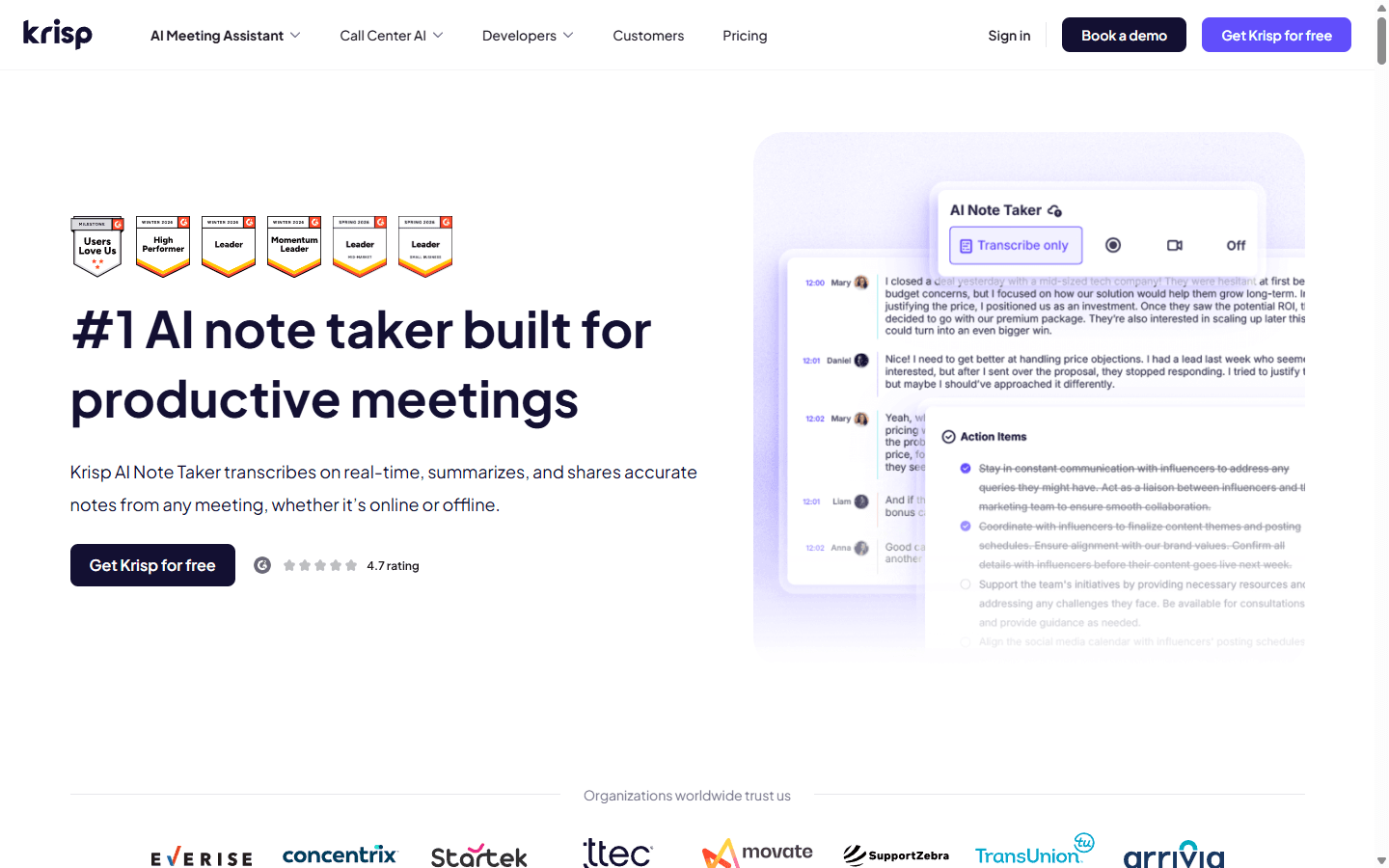 Krisp official English AI note taker page showing live transcripts and action items.