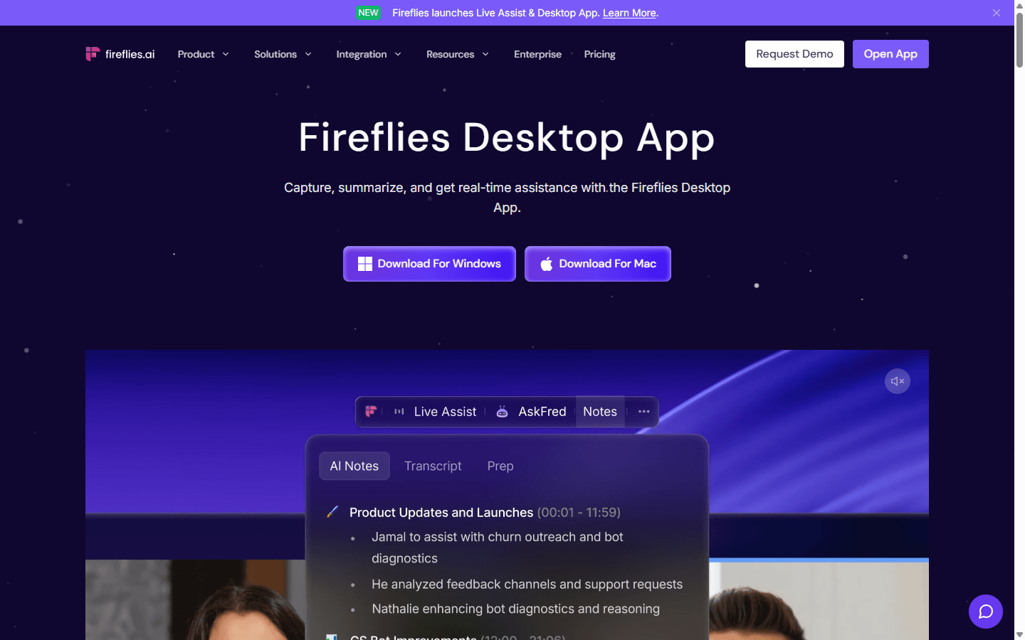 Fireflies official English desktop app page showing Live Assist, AskFred, notes, and transcripts.