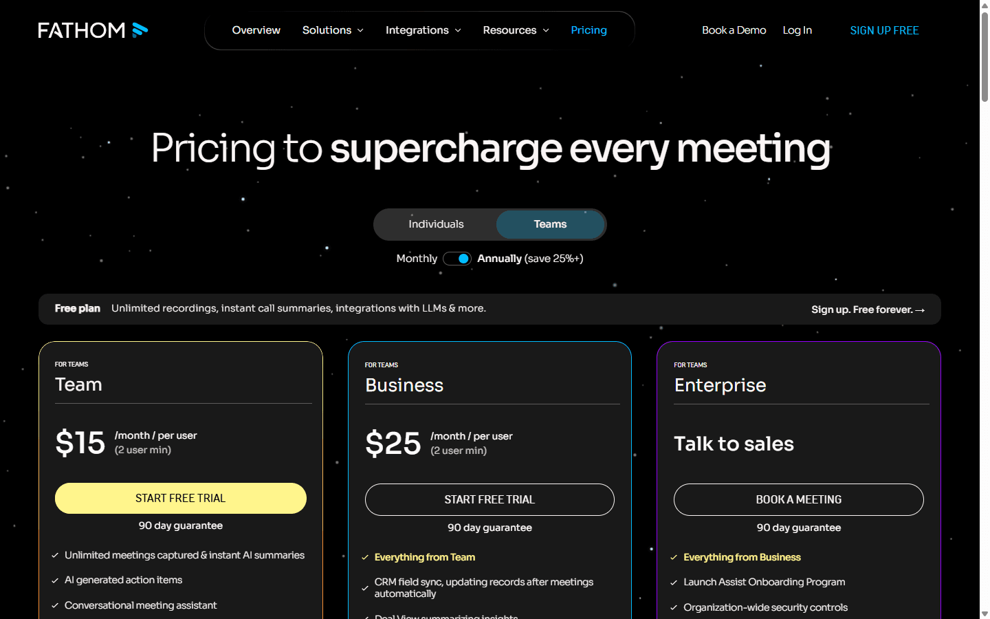 Fathom official English pricing page showing free, team, business, and enterprise options.