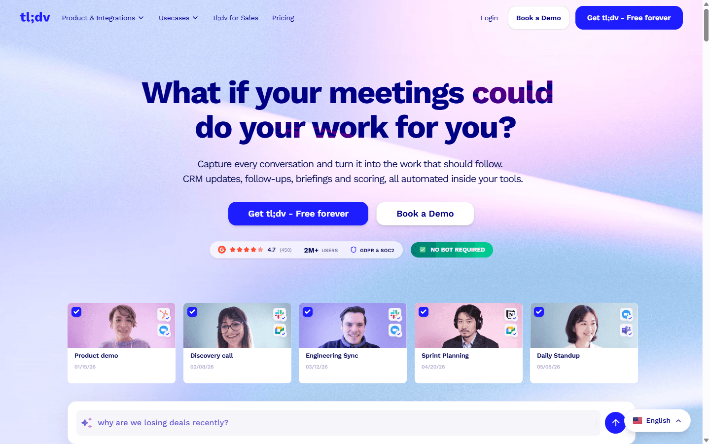 tl;dv official English homepage showing team meetings, automation, and no-bot support.