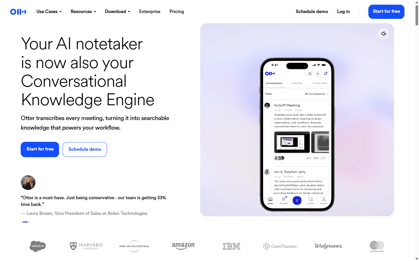Otter official English homepage showing its mobile conversation knowledge application.