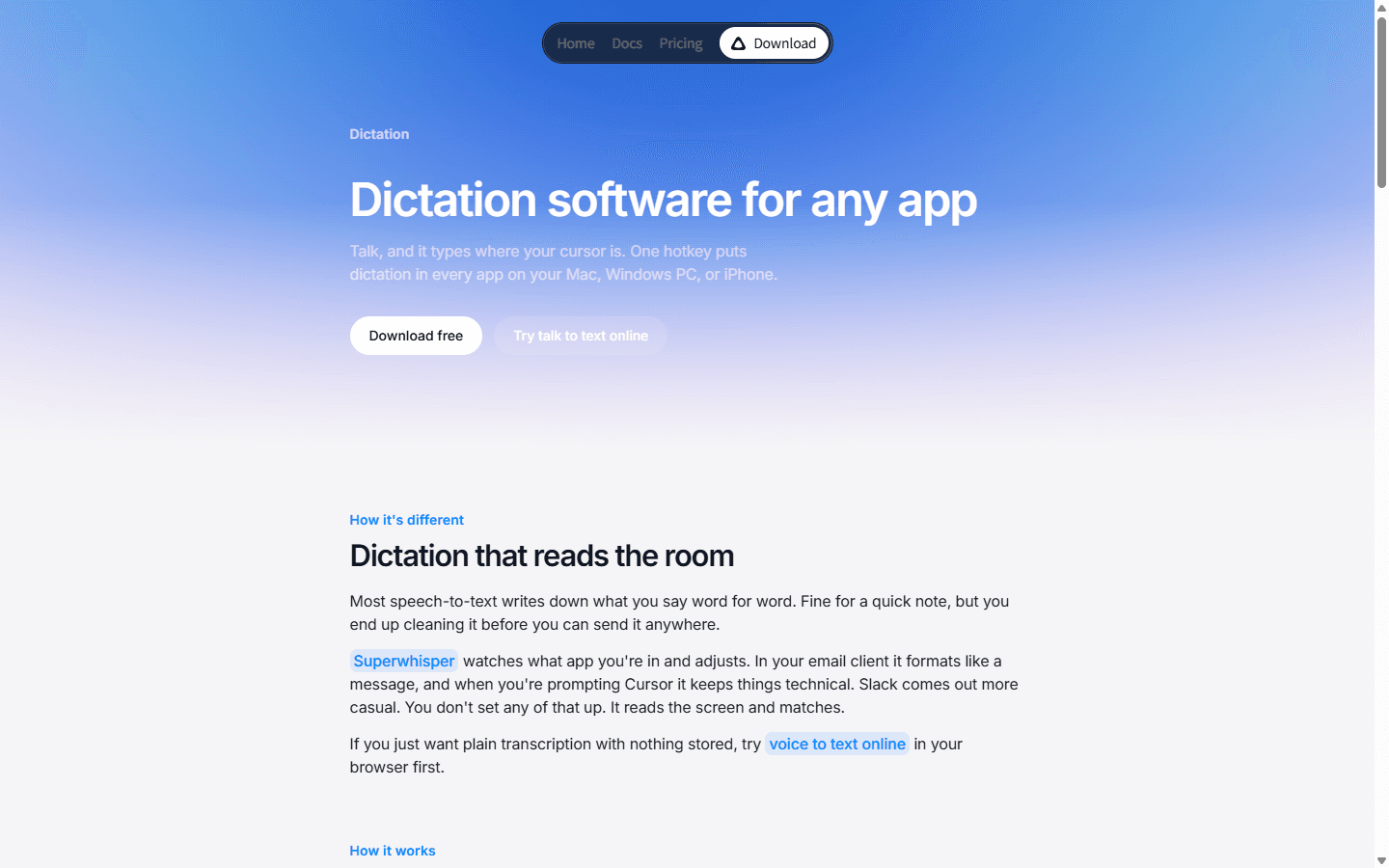 Superwhisper official English dictation page describing voice typing in any app on Mac, Windows, and iPhone.