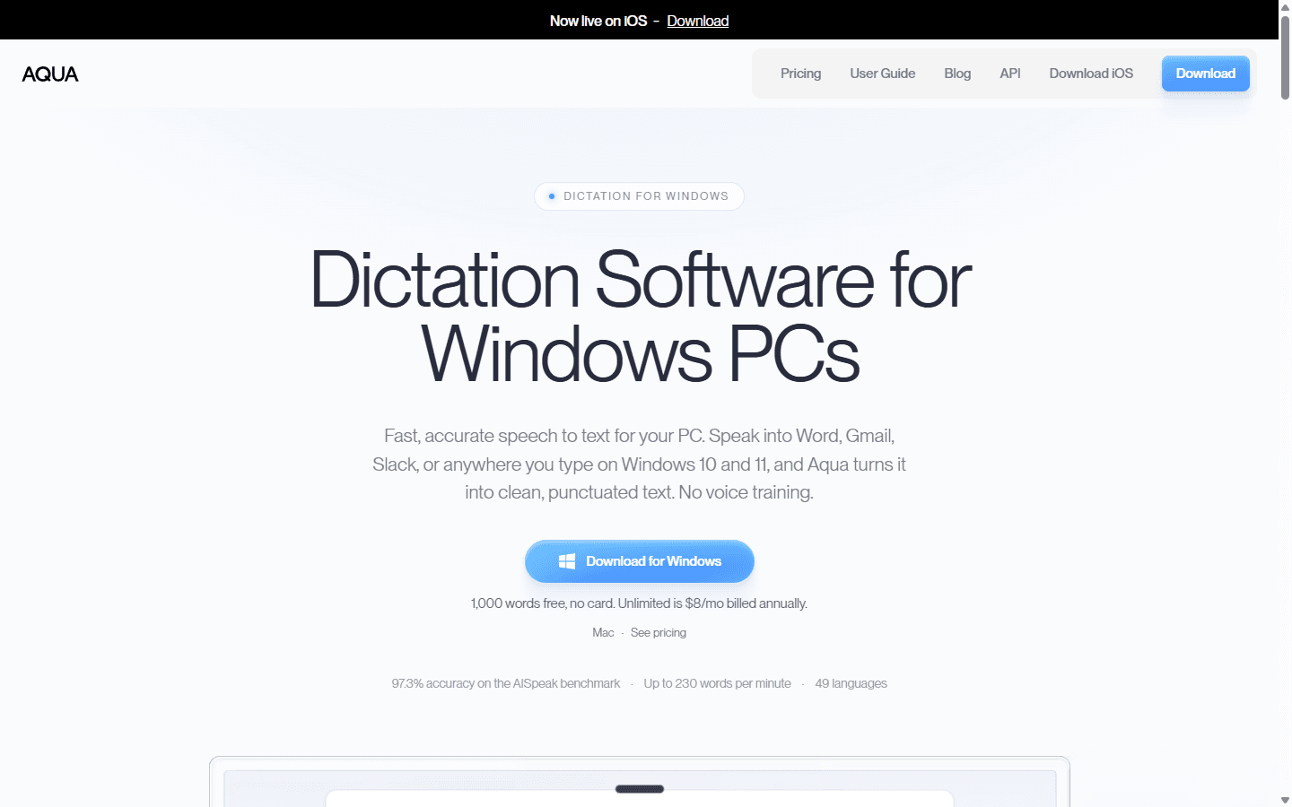 Aqua Voice official English page showing AI dictation software for Windows PCs.