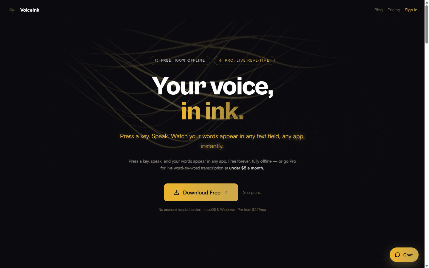 VoiceInk official English homepage showing free offline speech to text and live Pro dictation.