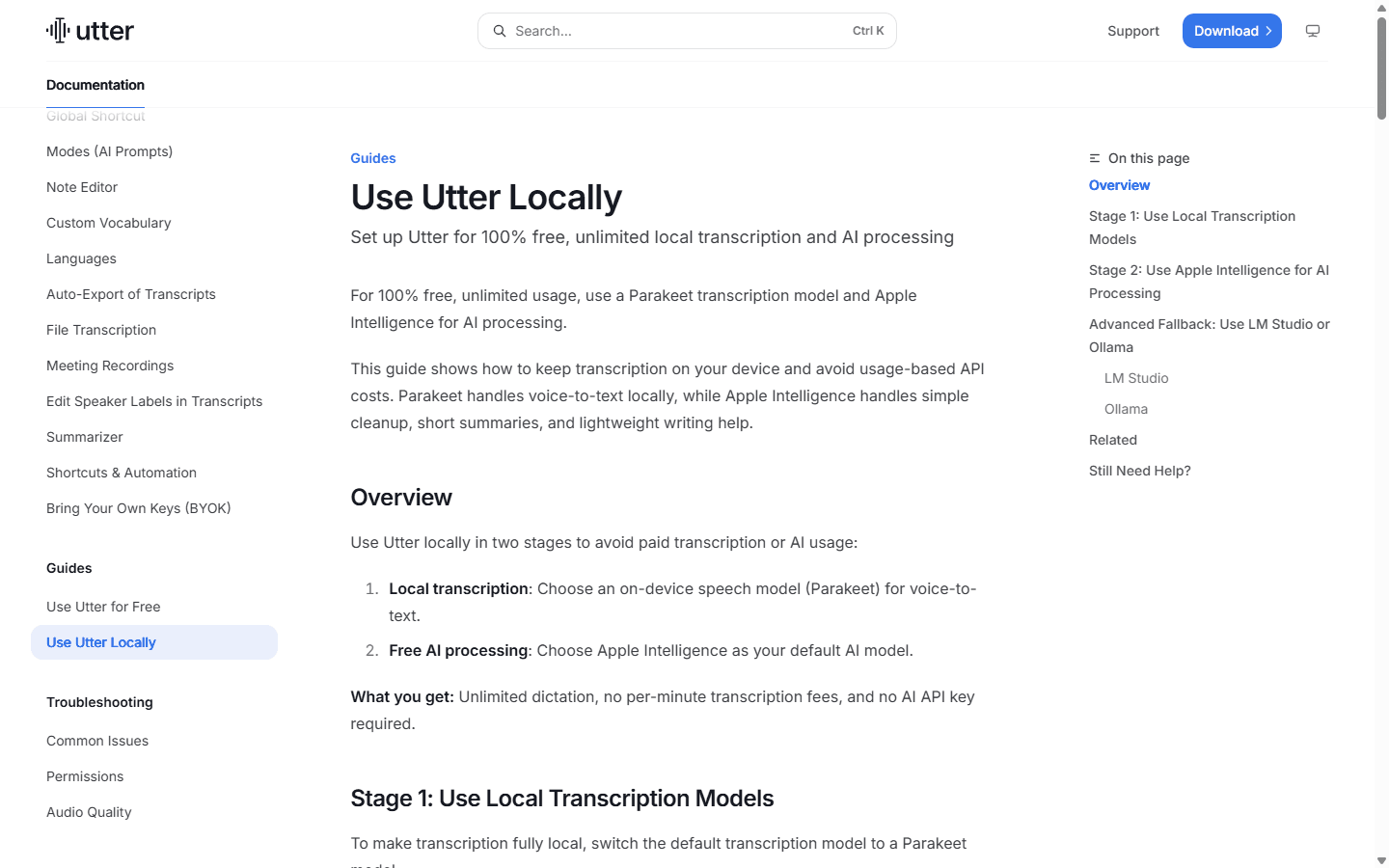 Utter official English documentation explaining local transcription and local AI processing.