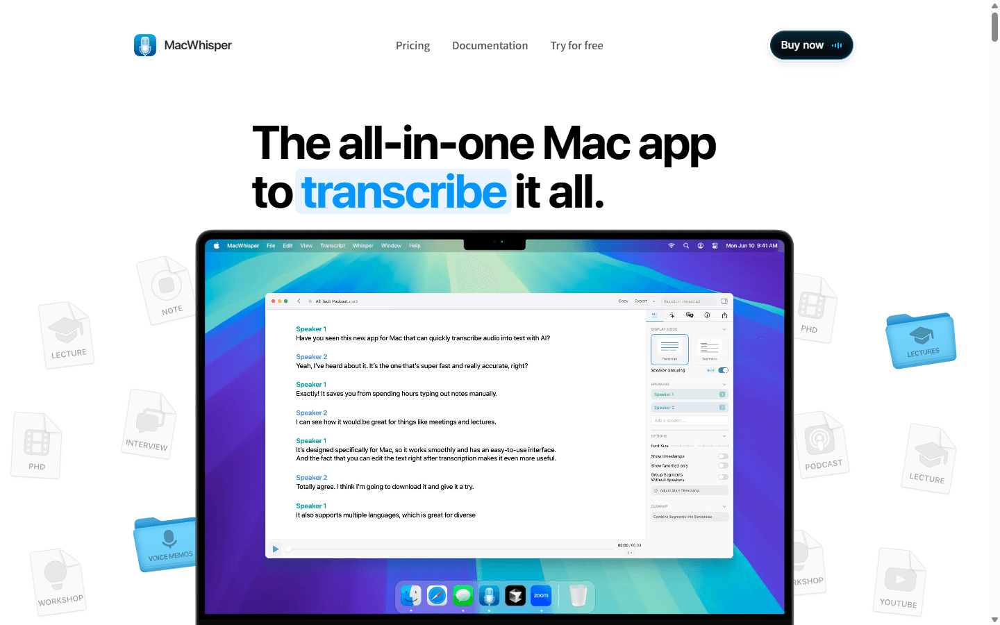 MacWhisper official English homepage showing transcription, speaker labels, and file workflows on Mac.
