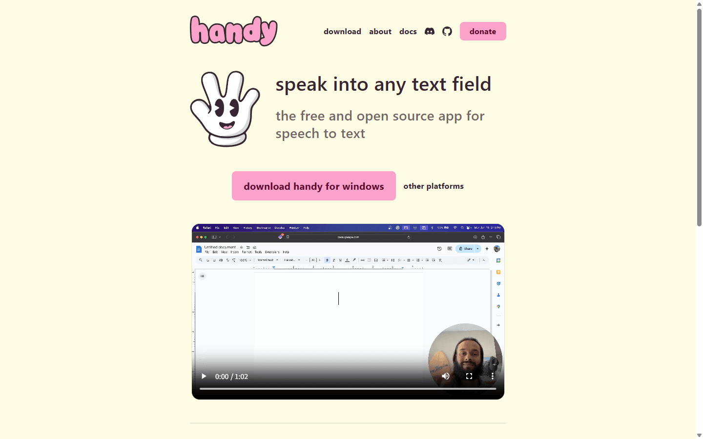 Handy official English homepage describing free open-source speech to text for any text field.
