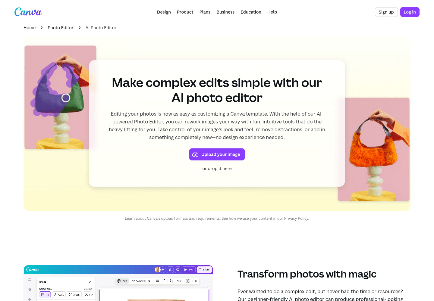 Canva official AI Photo Editor page showing object editing and background tools.