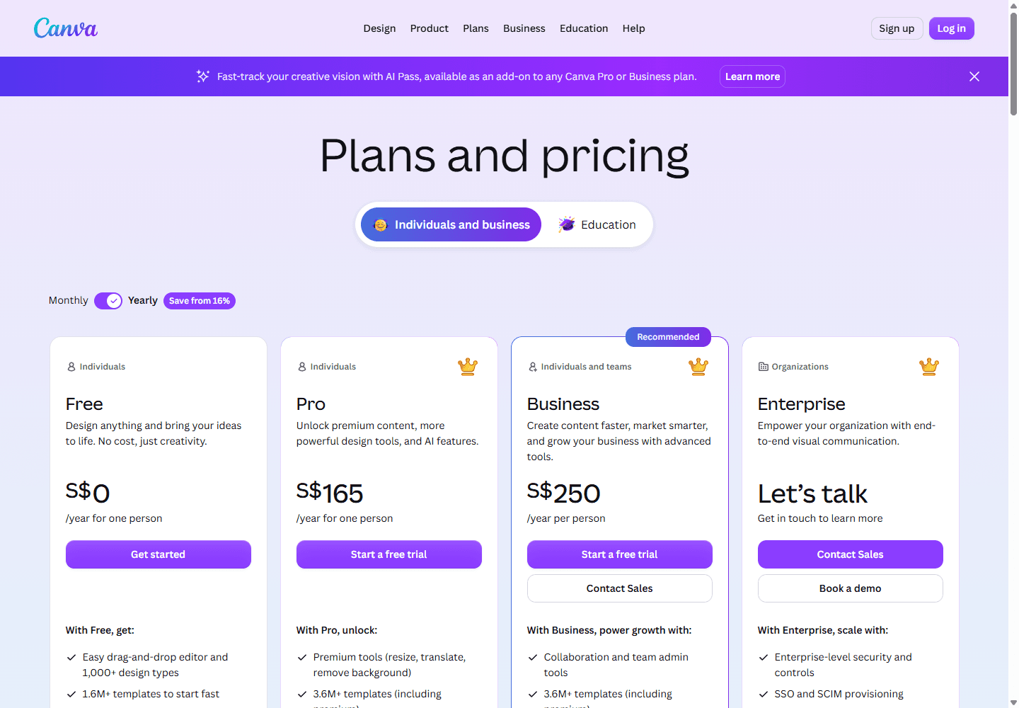Canva official pricing page showing Free, Pro, Business, and Enterprise options.