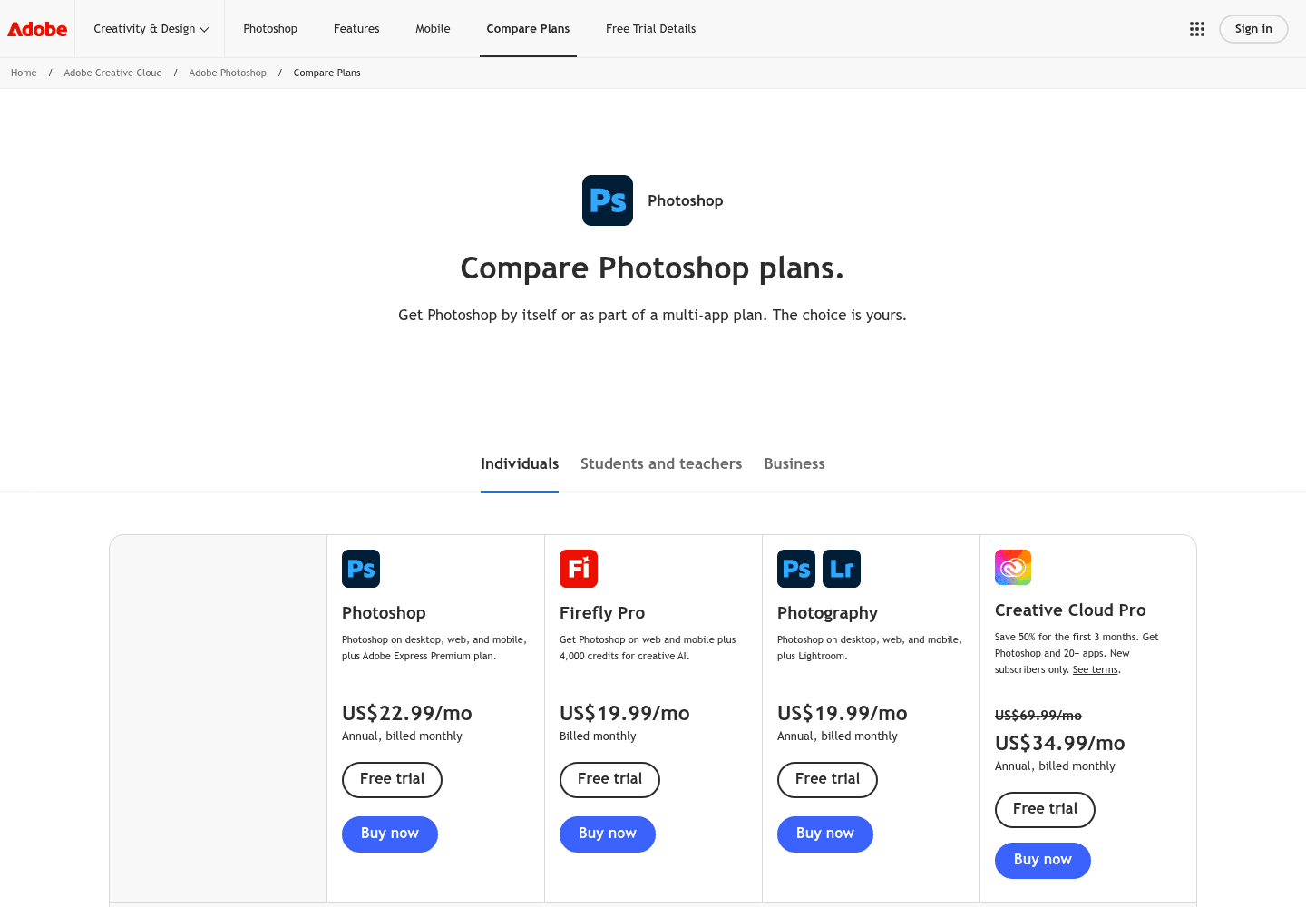Adobe official Photoshop plans page showing individual subscription options.