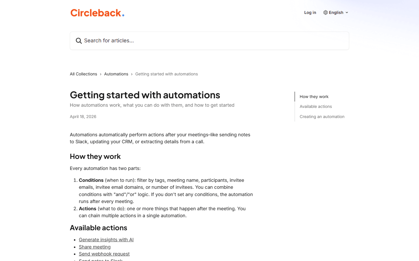 Circleback official support page for automations.