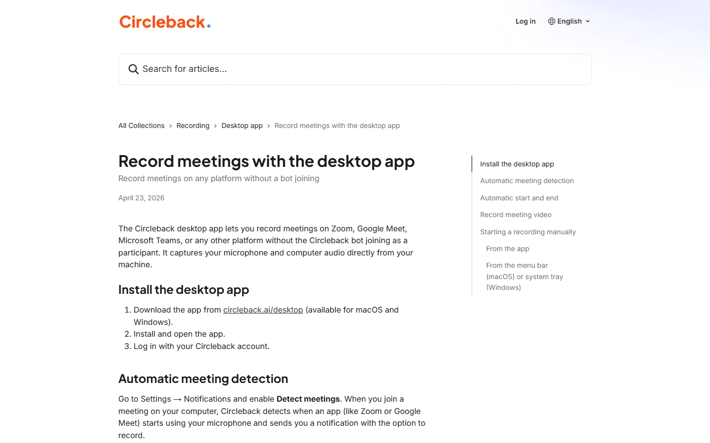 Circleback official support page for recording meetings with the desktop app.