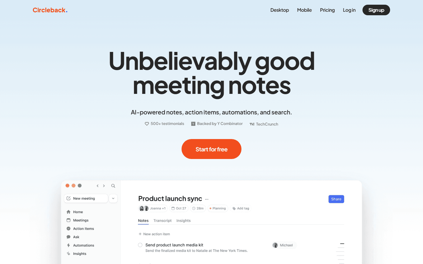 Circleback official home page showing AI meeting notes, action items, automations, and search.