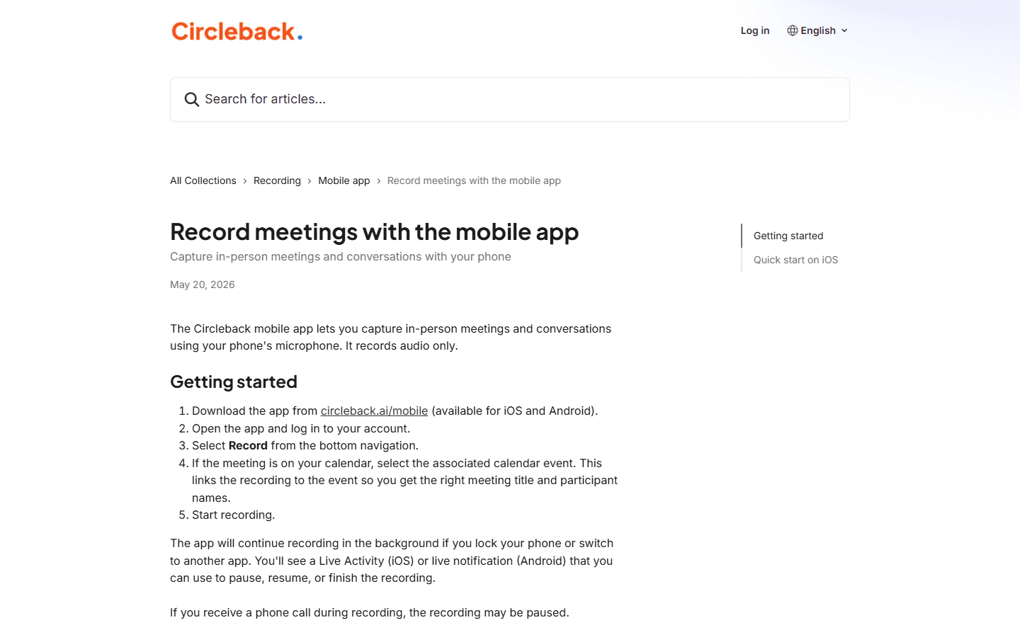 Circleback official support page for recording meetings with the mobile app.